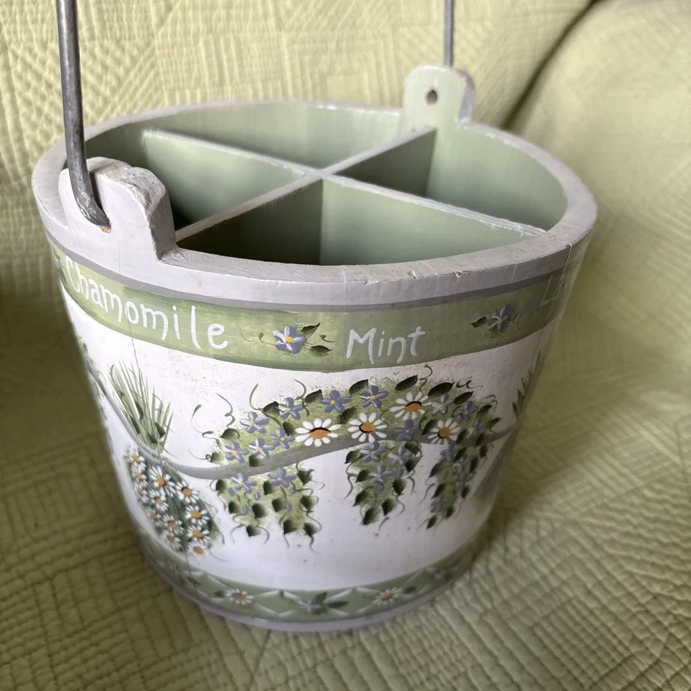 Wood Herb Kitchen Utensil Caddy Basket 4 Compartment Rosemary Dill Farmhouse Vtg